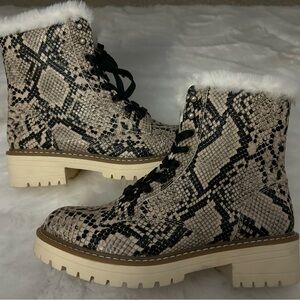 Sugar Snakeskin Lace-Up Boots with Faux Fur